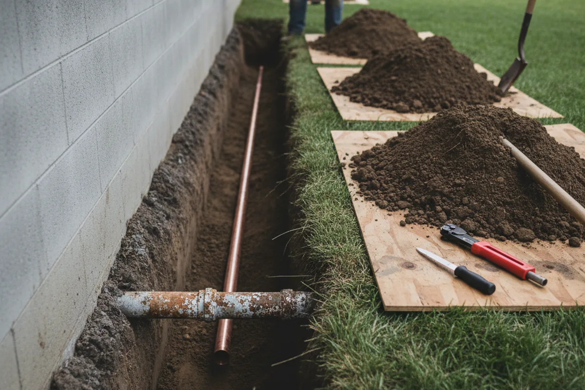 Excavated water line trench during Water Heater Repair in Holly Ridge